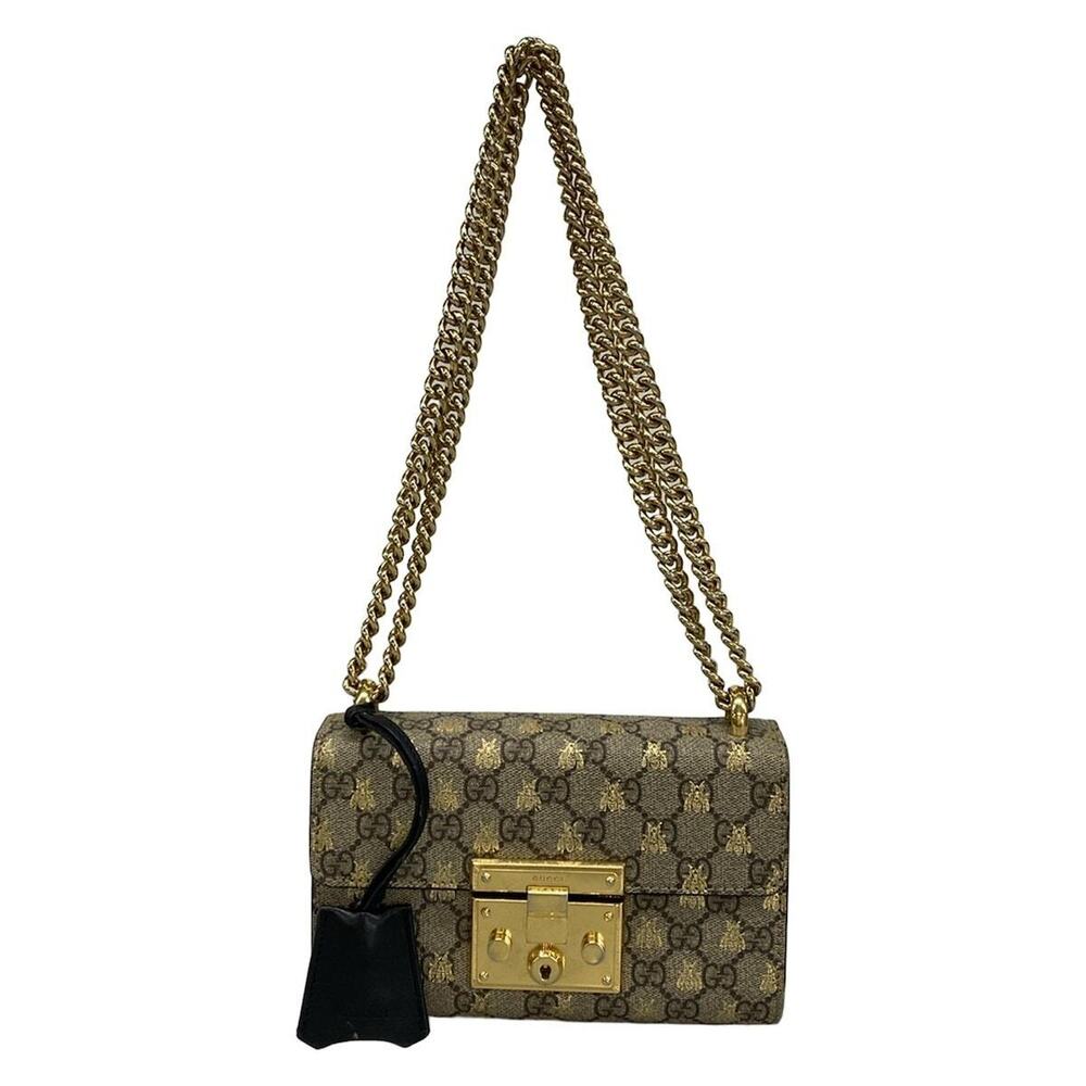 GUCCI Padlock GG Shoulder Bag Chain Bee Beige Gold Leather